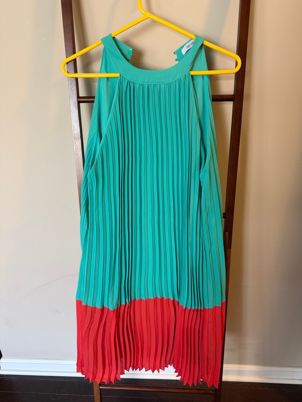 Pleated Teal and Coral Colorblock Sleeveless Dress